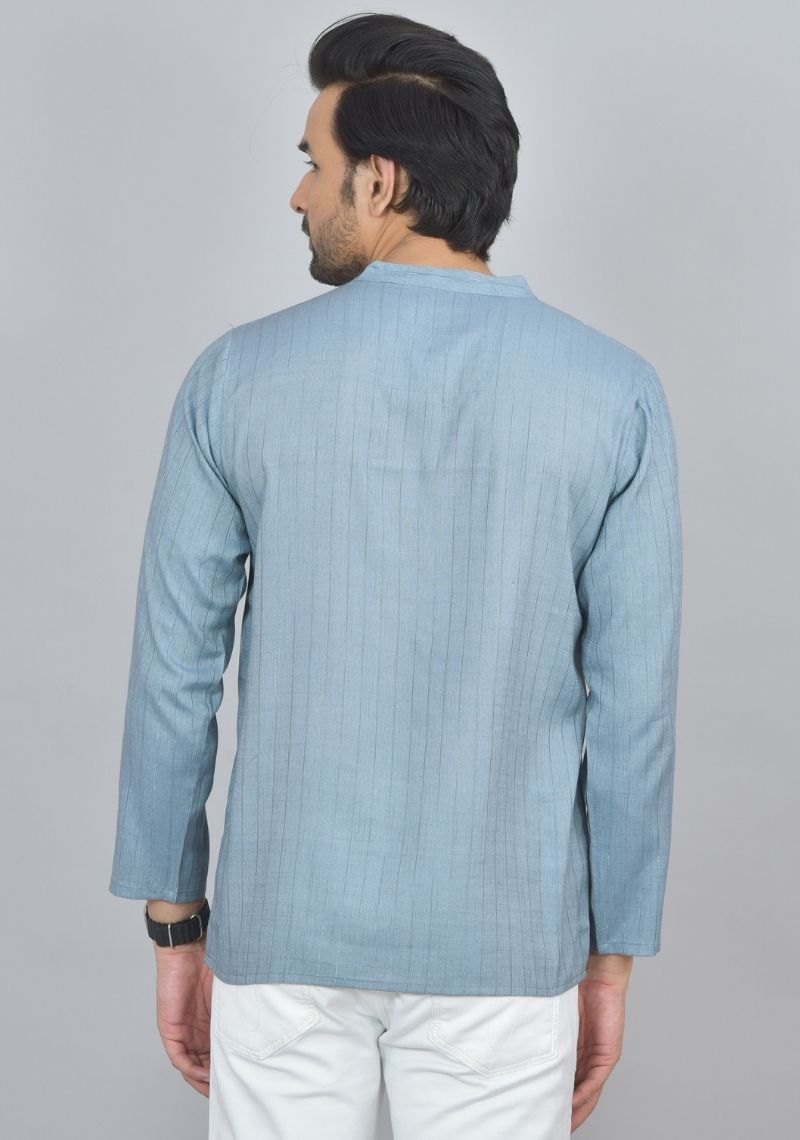 Combo of 2 Men Cotton Self Design Short Kurta Blue and Green