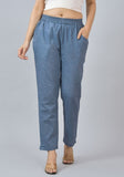 Gray Solid Cotton Flax Trouser Pants
