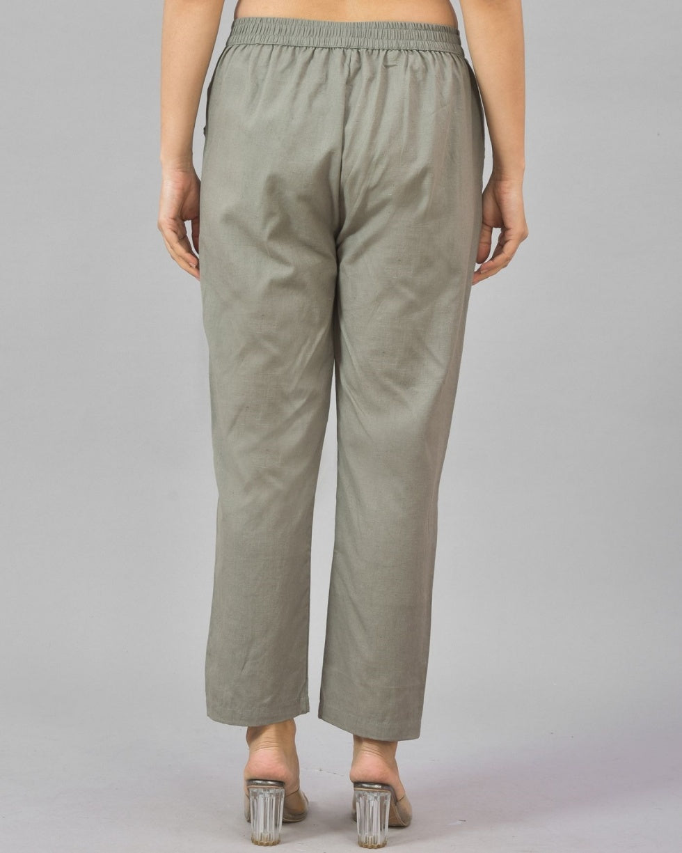 Gray Solid Cotton Flax Women Trouser