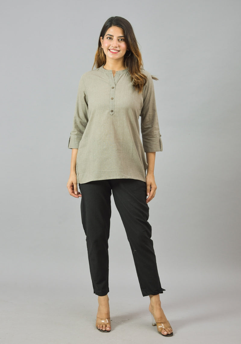 Gray Solid Cotton Women Top-10369