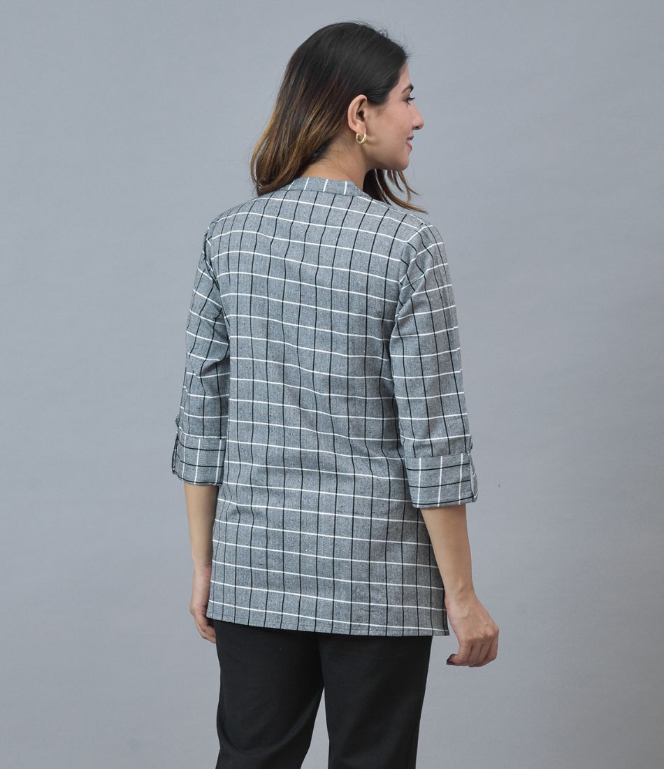Checked Mandarin Collar Roll-Up Sleeves Cotton Top