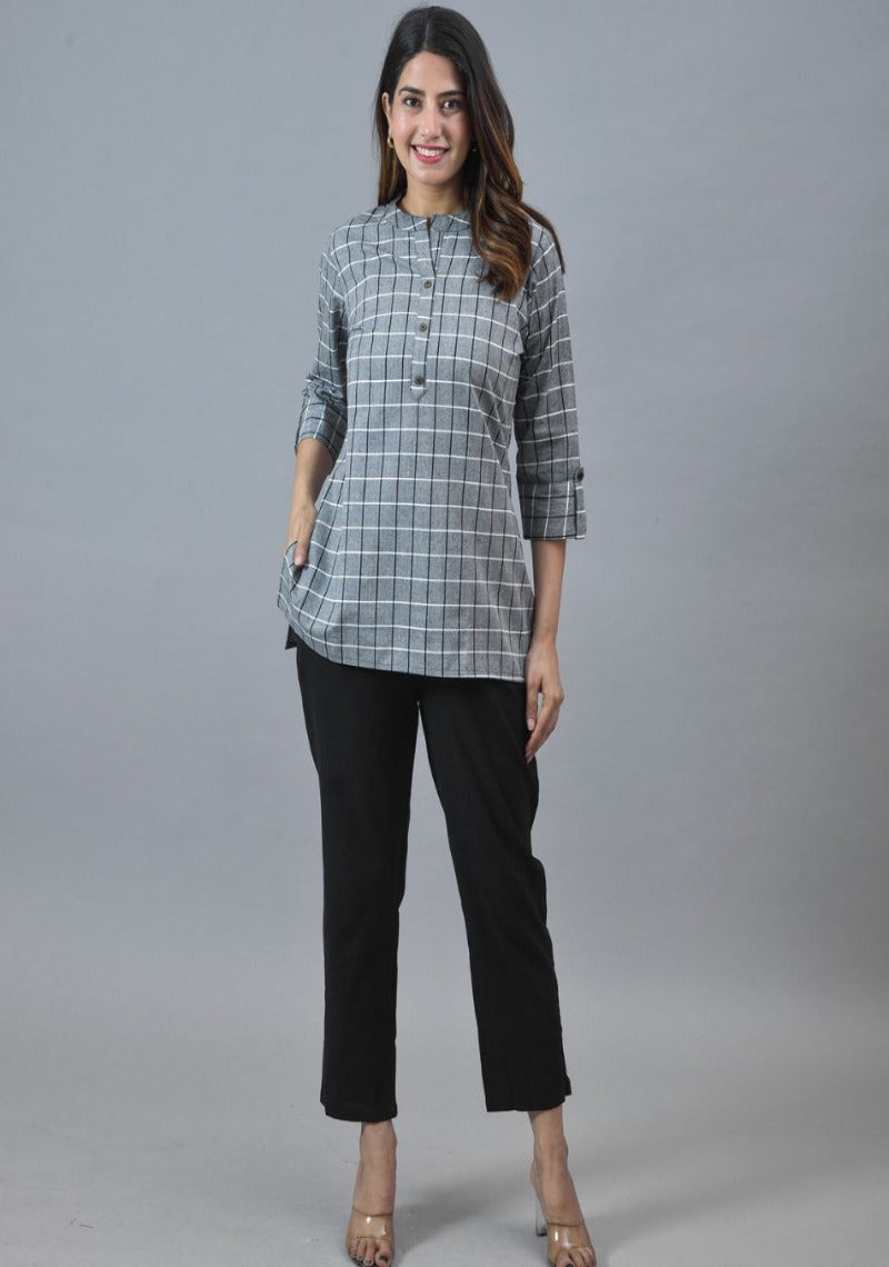 Checked Mandarin Collar Roll-Up Sleeves Cotton Top