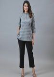 Checked Mandarin Collar Roll-Up Sleeves Cotton Top