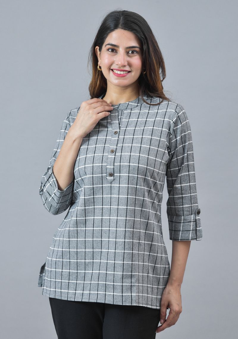 Checked Mandarin Collar Roll-Up Sleeves Cotton Top