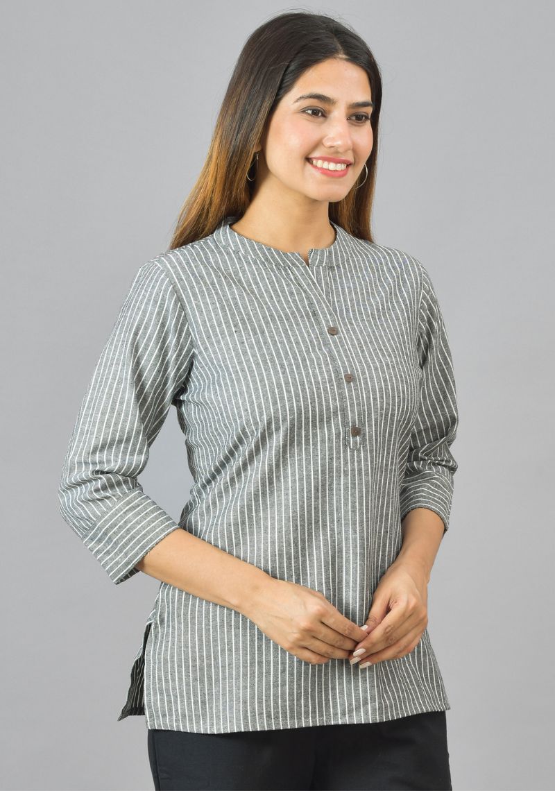 Gray White Cotton Stripe Women Top-10378-T