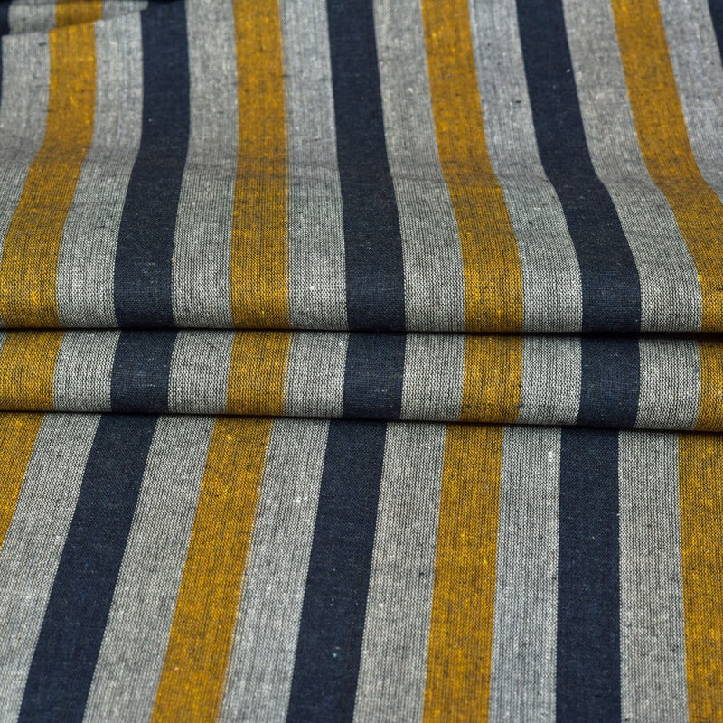 Gray Yellow and Black Stripe Cotton Handloom Fabric-