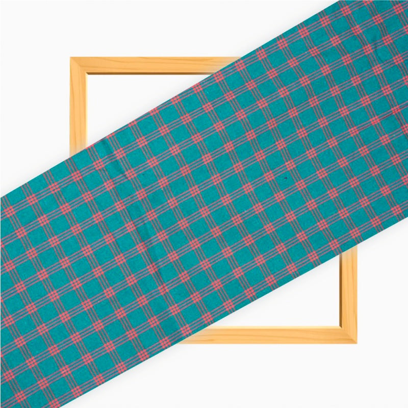 Green Pink Triple Line Checks Cotton Handloom Fabric