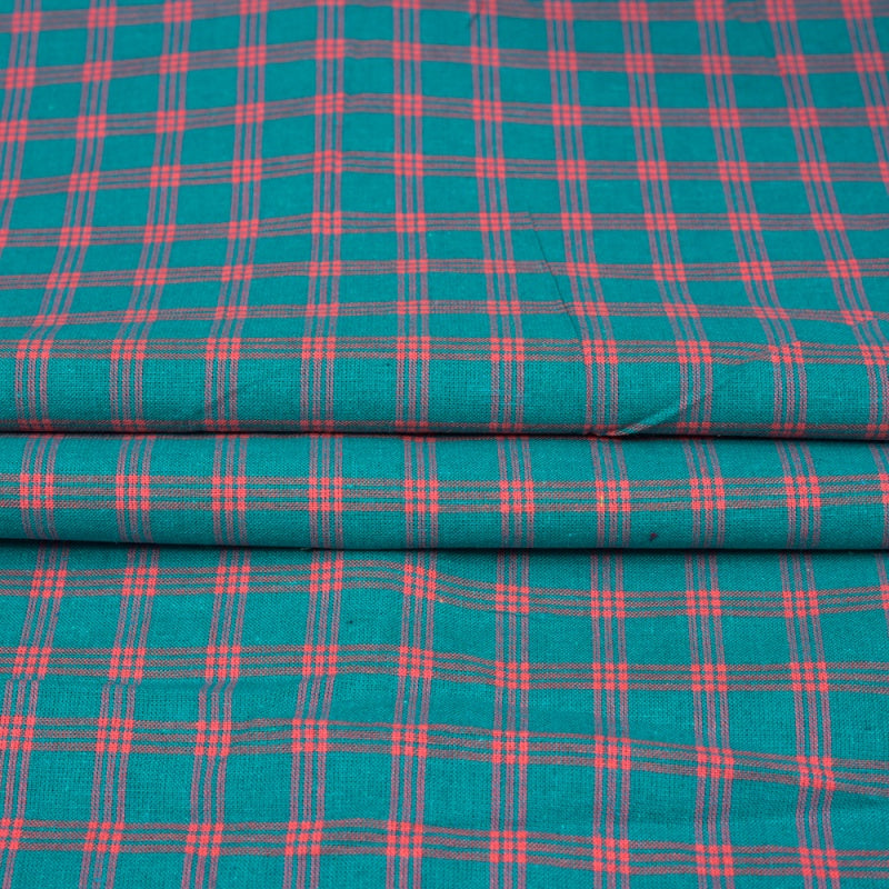 Green Pink Triple Line Checks Cotton Handloom Fabric