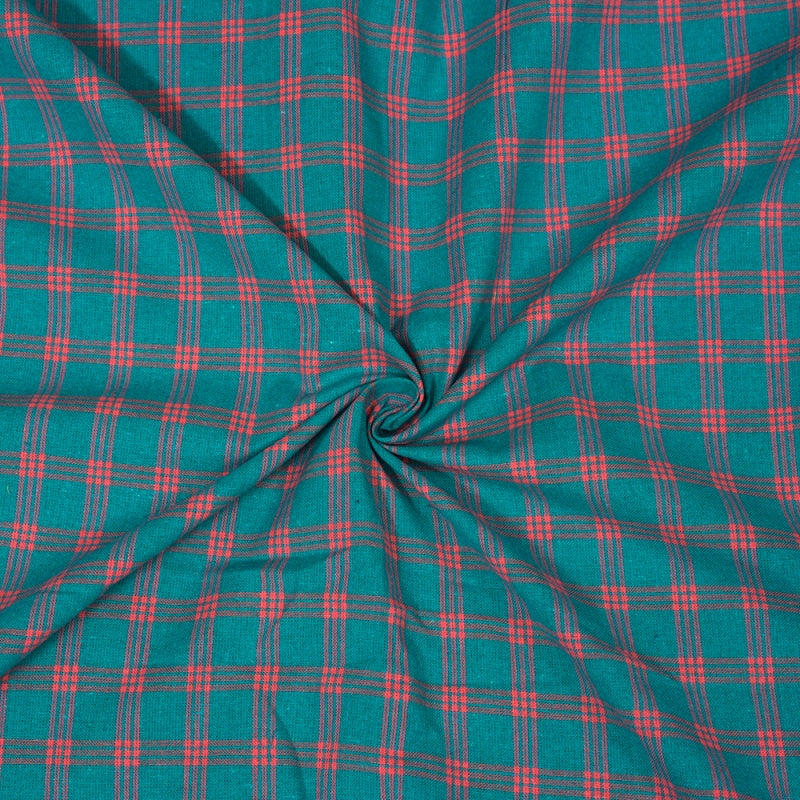 Green Pink Triple Line Checks Cotton Handloom Fabric