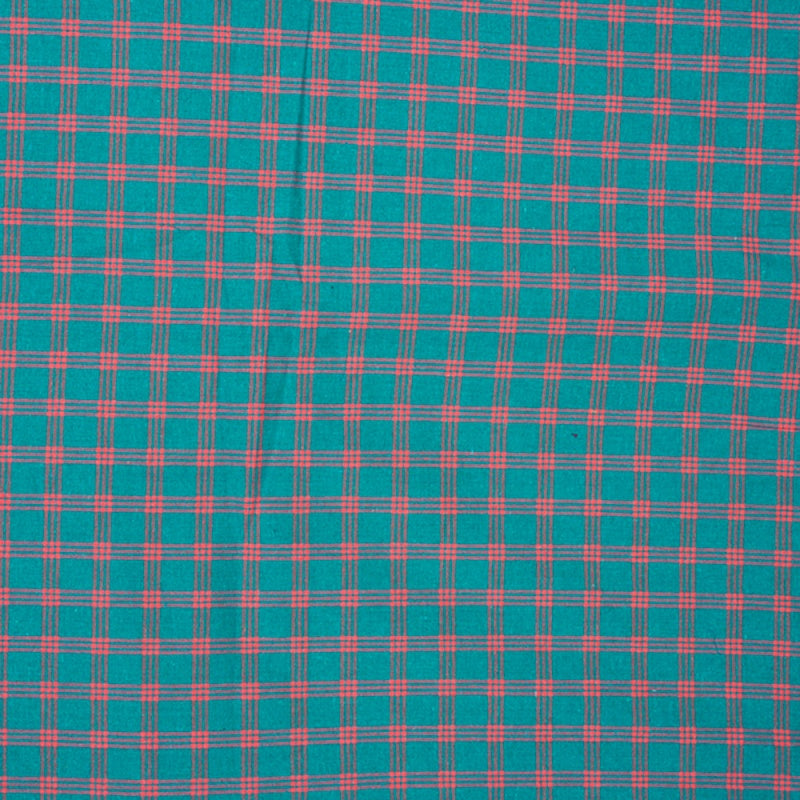 Green Pink Triple Line Checks Cotton Handloom Fabric