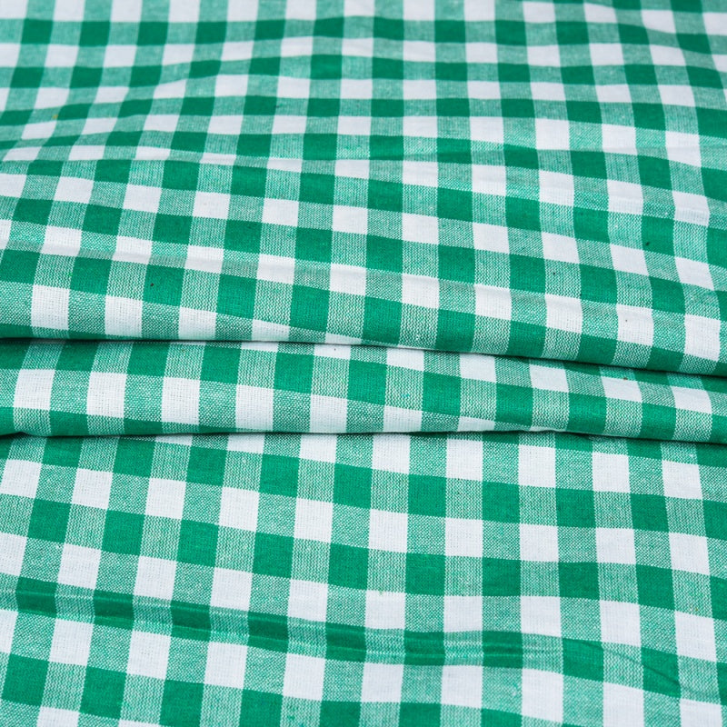 Green White Small Checks Cotton Handloom Fabric