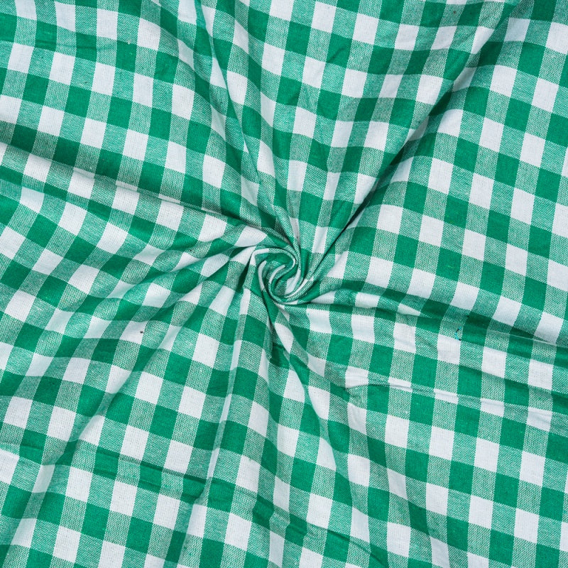 Green White Small Checks Cotton Handloom Fabric