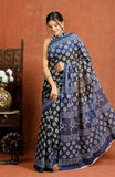 Bagru Block Print Cotton mulmul Sarees With Running Black Purple HS-5069