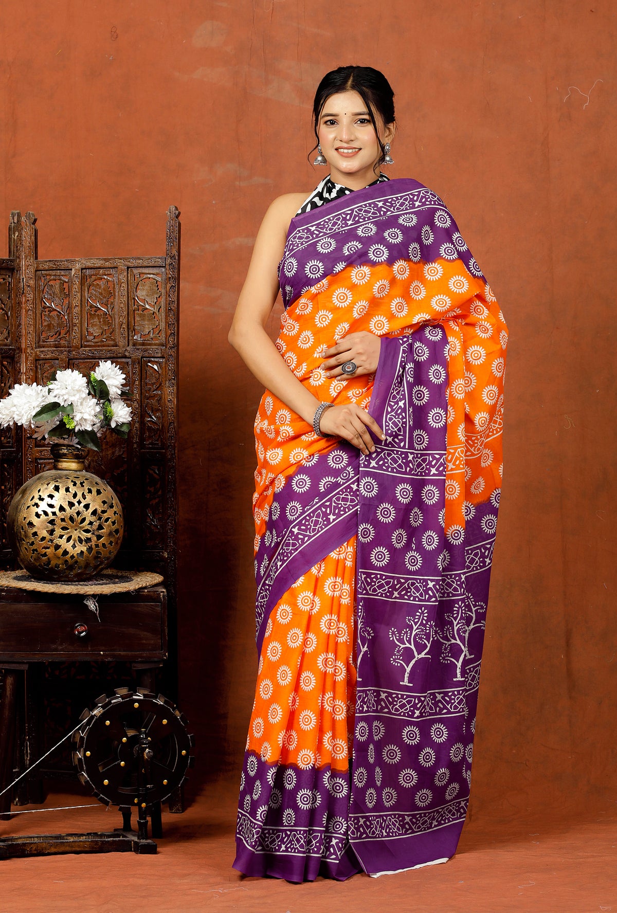 Bagru Block Print Cotton mulmul Sarees With Running Orange Purple HS-5070