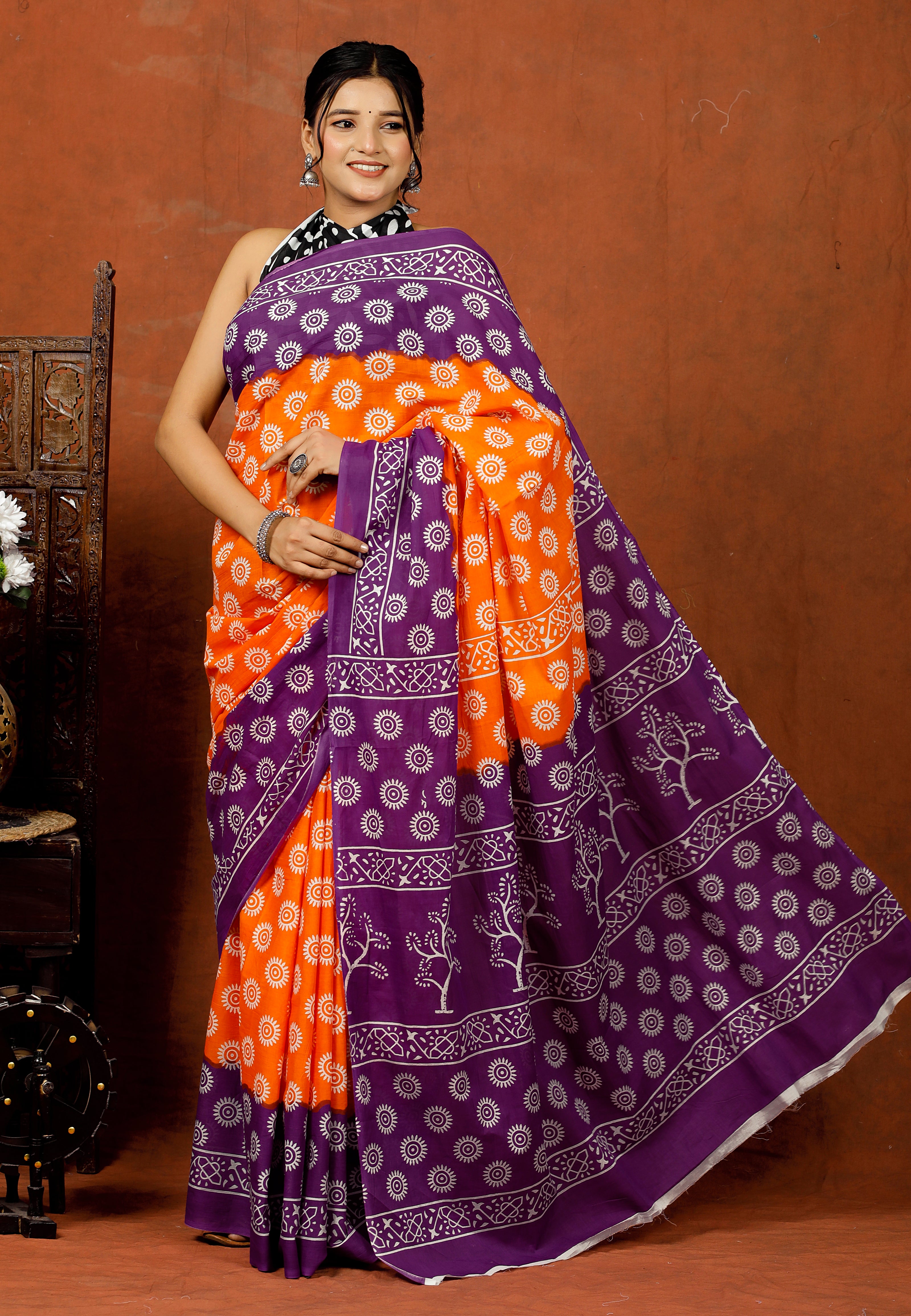 Bagru Block Print Cotton mulmul Sarees With Running Orange Purple HS-5070