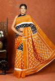 Bagru Block Print Cotton mulmul Sarees With Running Black Orange HS-5074