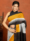 Bagru Block Print Cotton mulmul Sarees With Running Black White HS-5075
