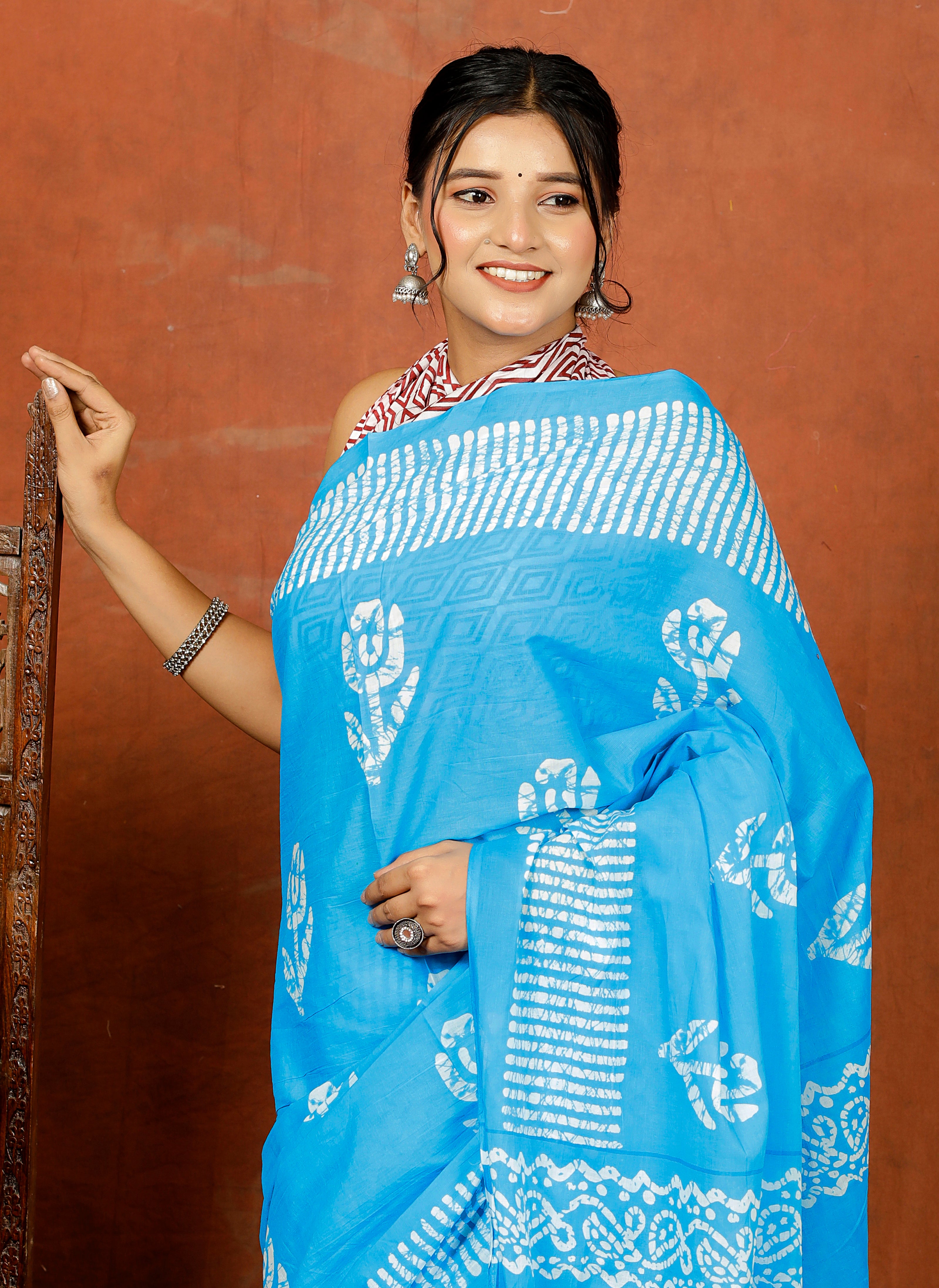 Bagru Block Print Cotton mulmul Sarees With Running Sky Blue HS-5077
