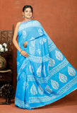 Bagru Block Print Cotton mulmul Sarees With Running Sky Blue HS-5077