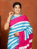 Bagru Block Print Cotton mulmul Sarees With Running White Sky Blue HS-5078