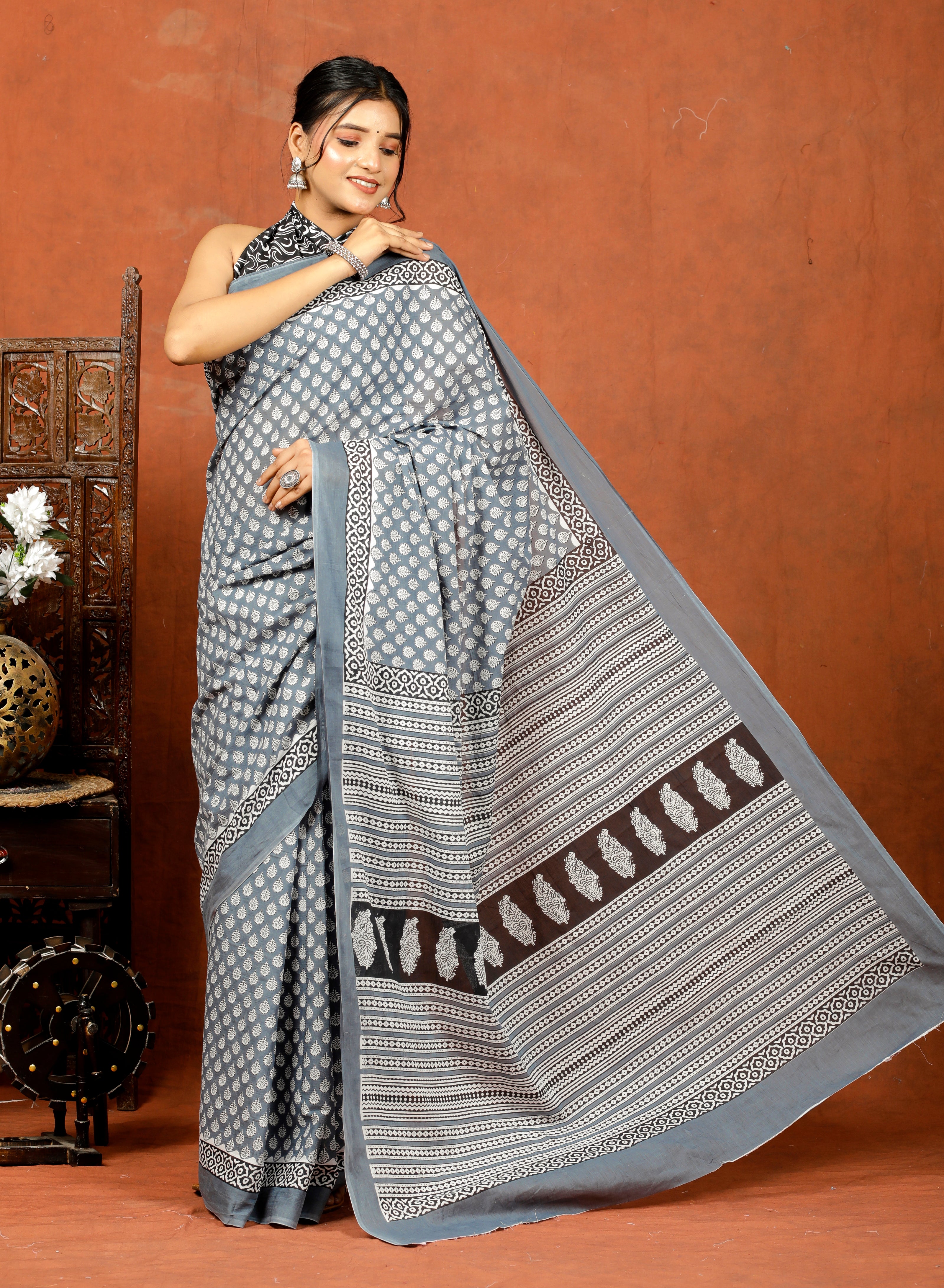 Bagru Block Print Cotton mulmul Sarees With Running Grey HS-5079
