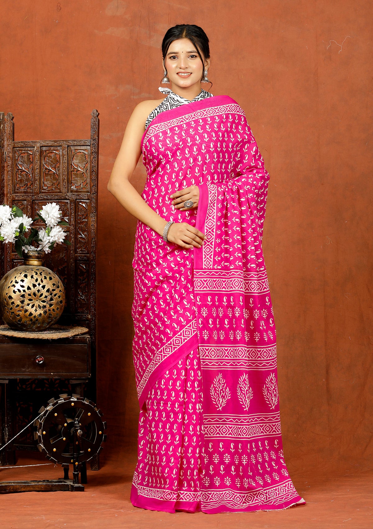 Bagru Block Print Cotton mulmul Sarees With Running Pink HS-5080