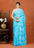 Bagru Block Print Cotton mulmul Sarees With Running Sky Blue HS-5081