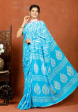 Bagru Block Print Cotton mulmul Sarees With Running Sky Blue HS-5081