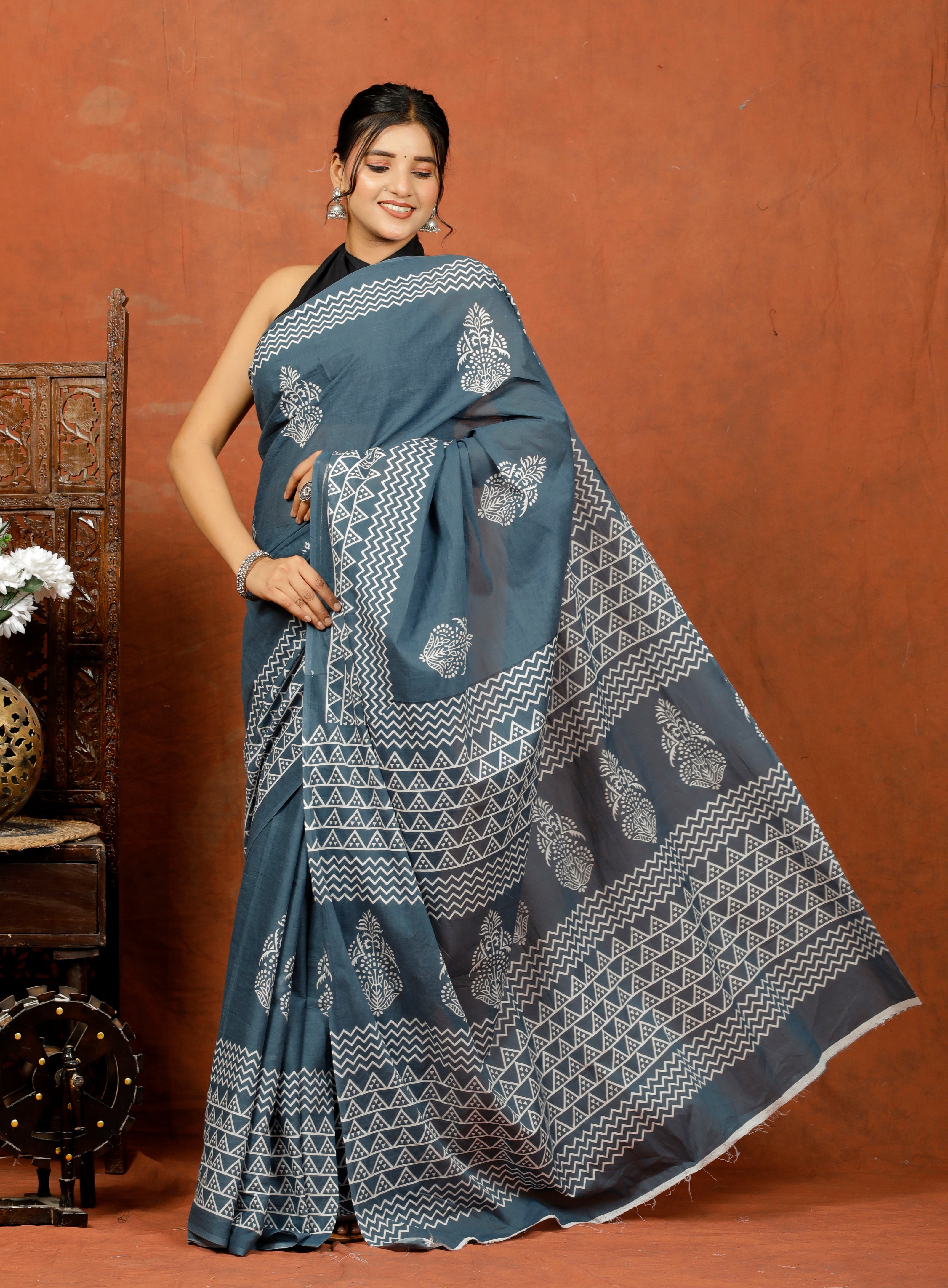 Bagru Block Print Cotton mulmul Sarees With Running Grey HS-5082