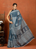 Bagru Block Print Cotton mulmul Sarees With Running Grey HS-5082