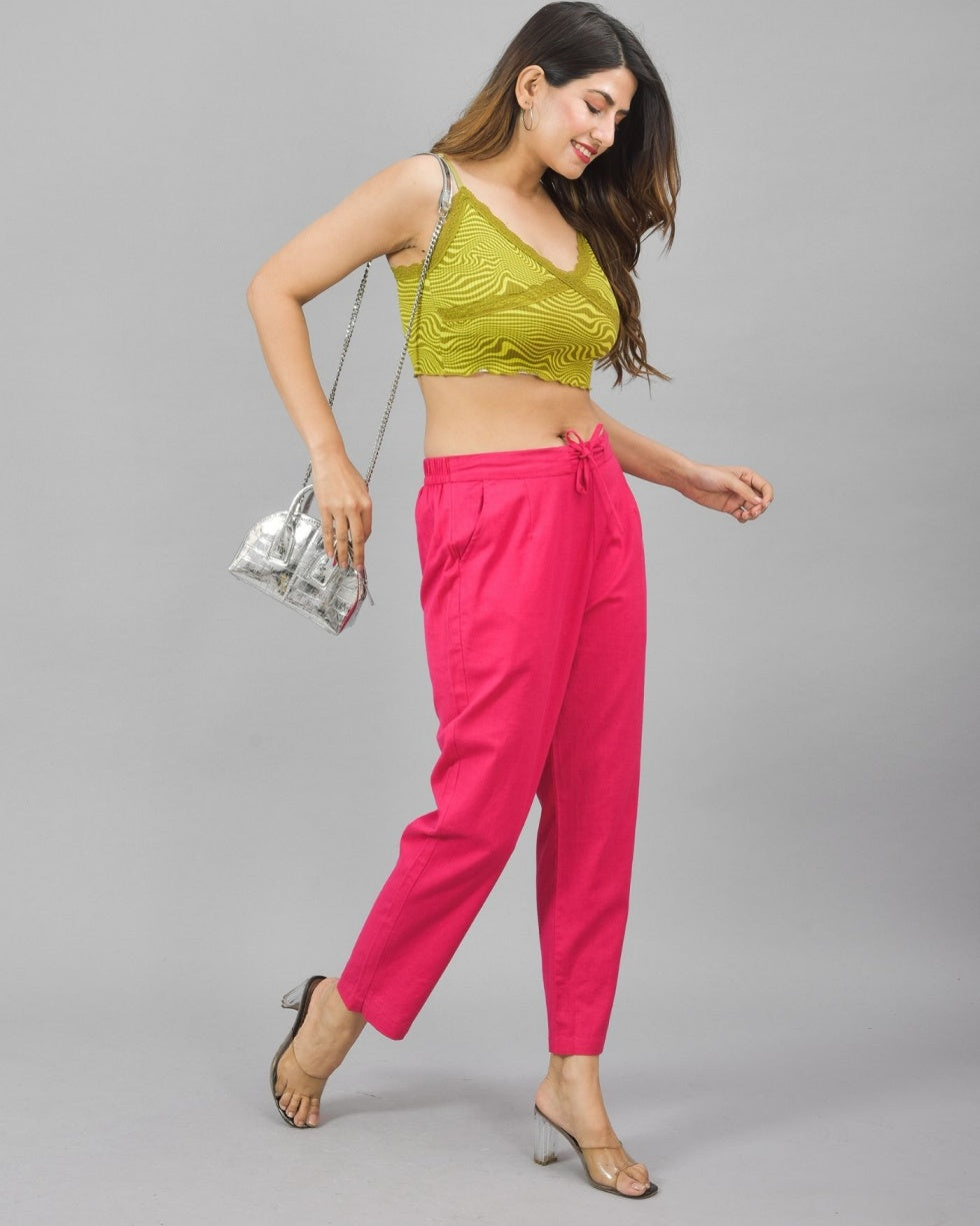 Magenta Pink Solid Cotton Flax Women Trouser