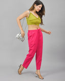 Magenta Pink Solid Cotton Flax Women Trouser
