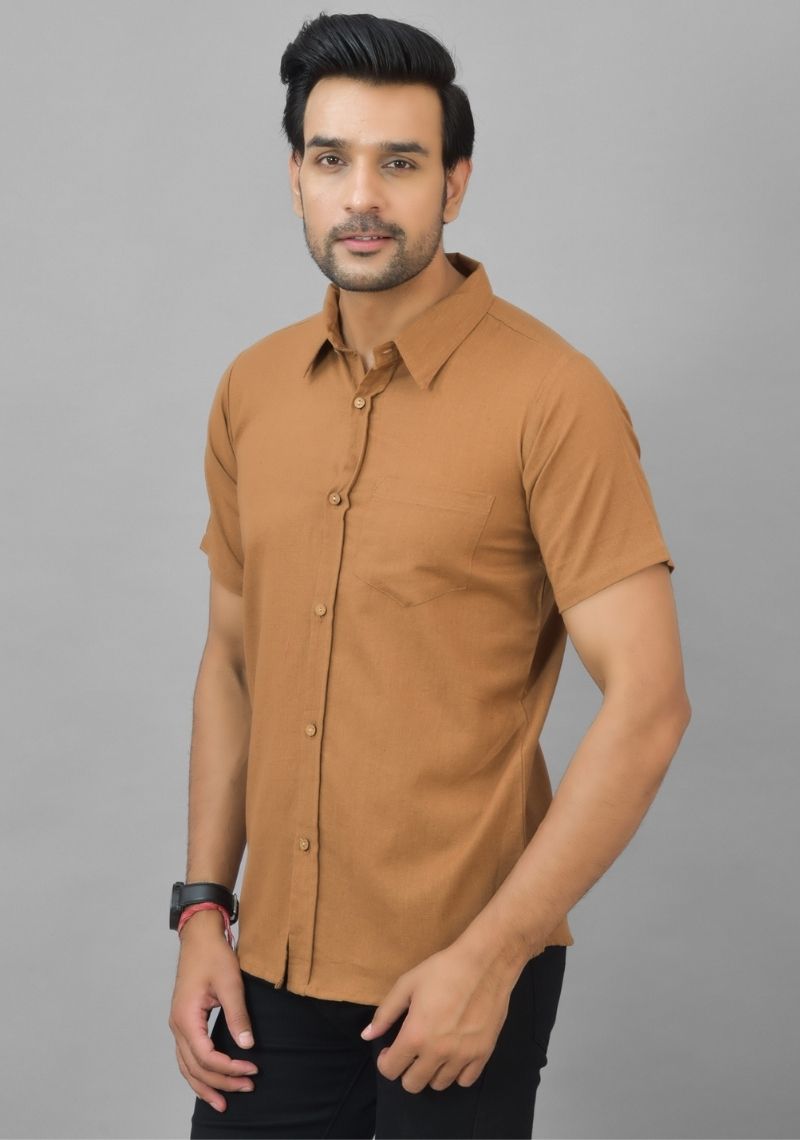 Mens Brown Solid Cotton Shirt