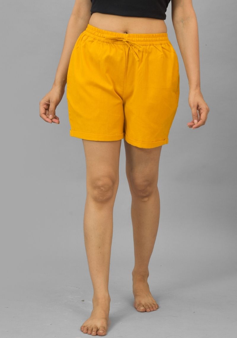 Mustard Yellow Solid Cotton Flax Shorts