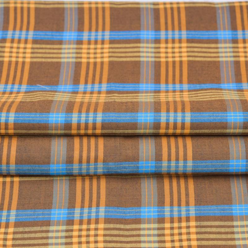 Mustard and Blue Check Handloom Cotton Fabric