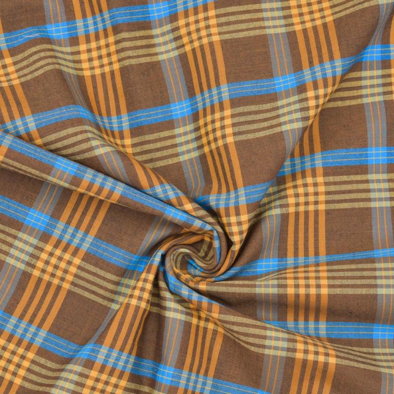 Mustard and Blue Check Handloom Cotton Fabric