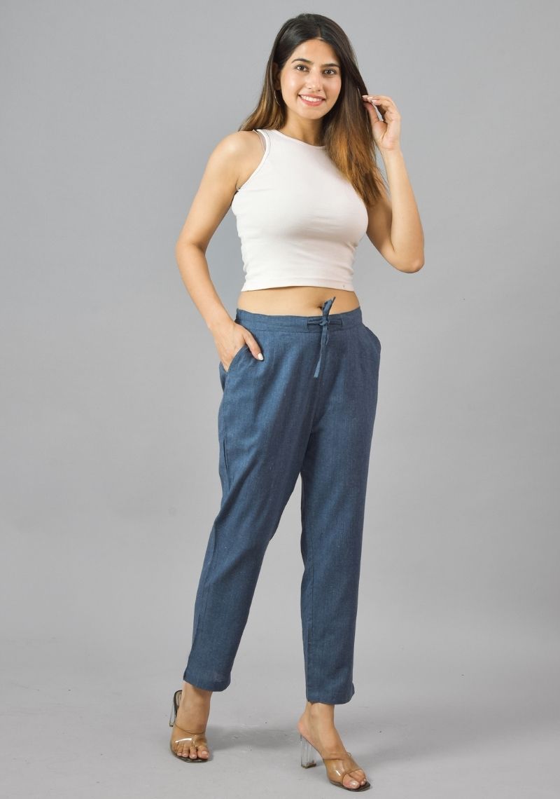 Navy Blue Solid Cotton Flax Trouser Pants