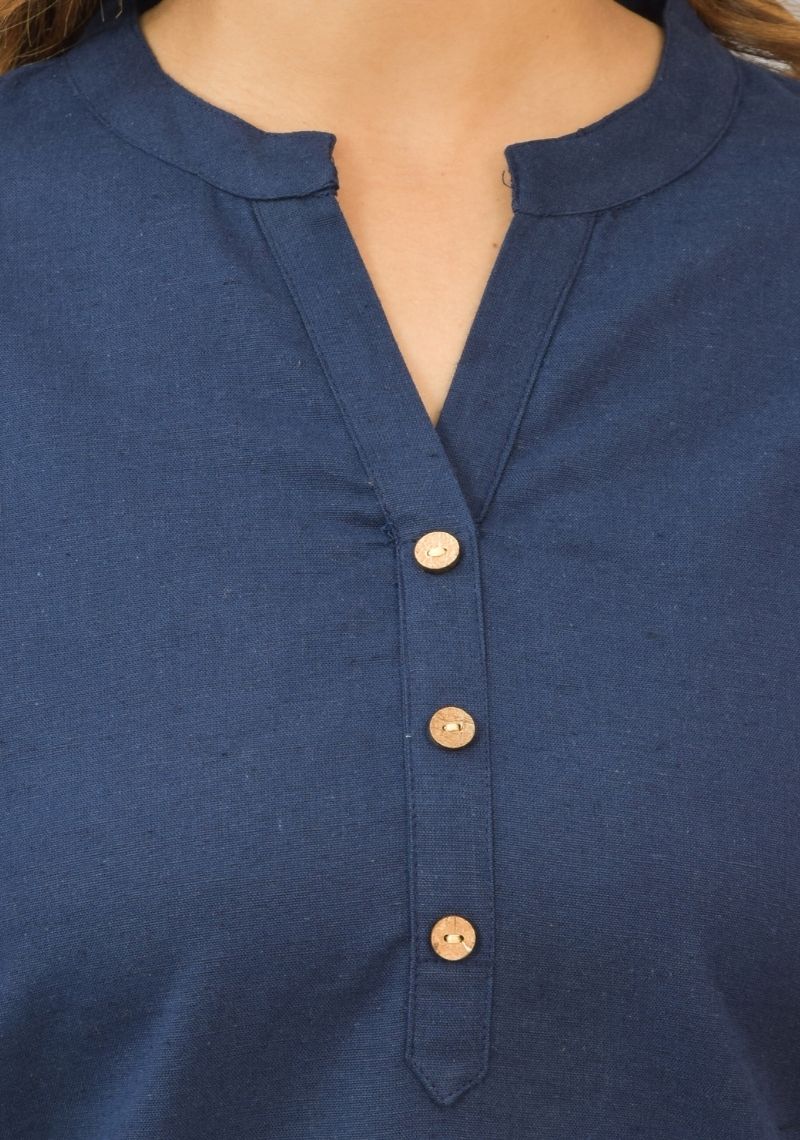 Navy Blue Solid Cotton Flax Women Top-10387