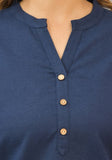 Navy Blue Solid Cotton Flax Women Top-10387