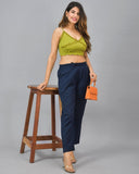 Navy Blue Solid Cotton Flax Women Trouser