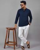 Men Cotton Solid Co-ord Set Navy Blue and White-25782