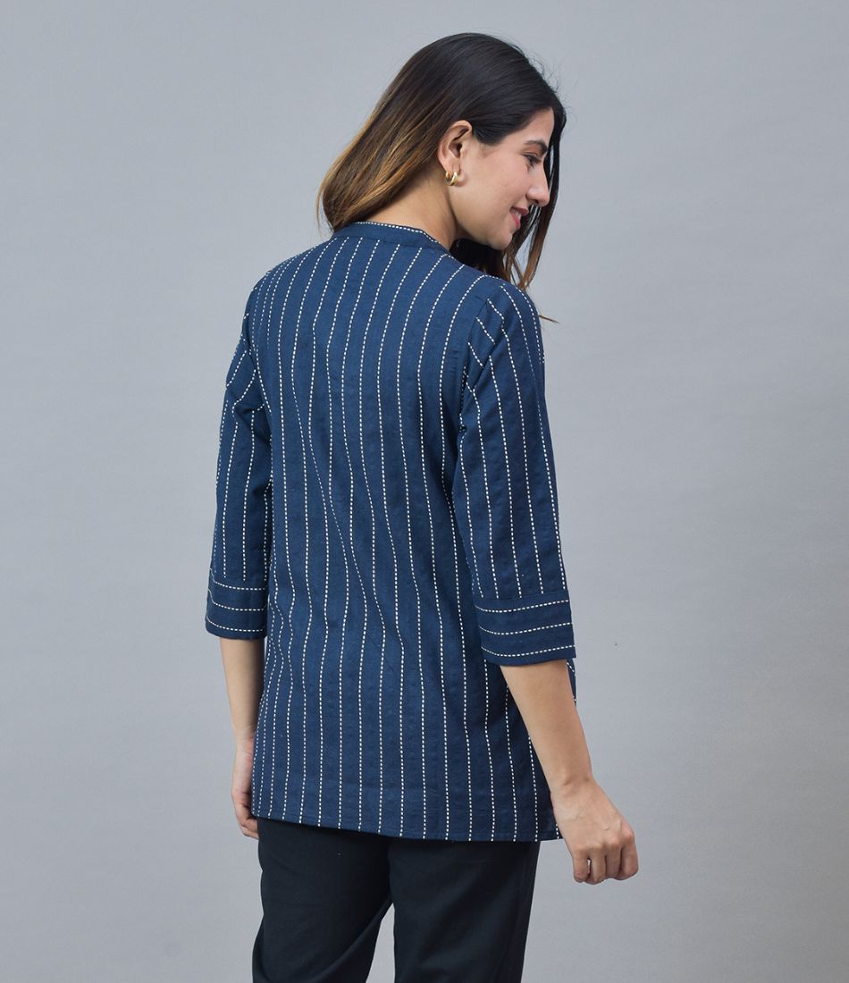 Navy Blue White Cotton Stripe Women Top-10278