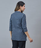 Navy Blue White Cotton Stripe Women Top-10284