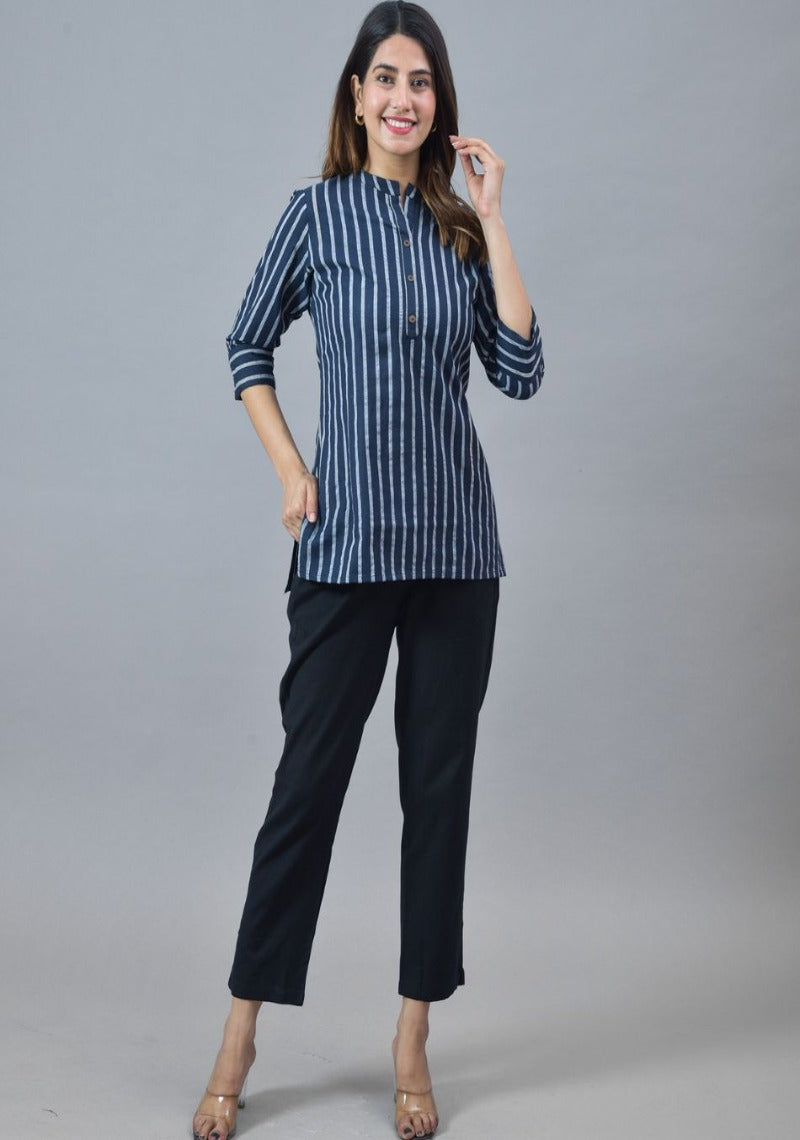 Striped Mandarin Collar Cotton Top