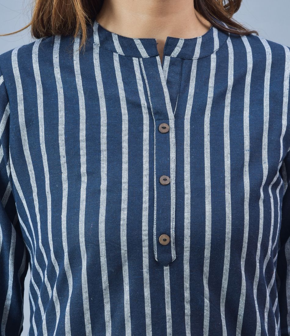 Striped Mandarin Collar Cotton Top
