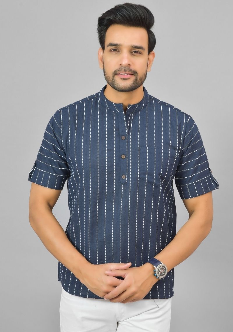 NAVY BLUE WHITE STRIPE COTTON HANDLOOM CORD SET-25294