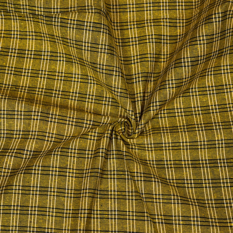 Olive Green Black Triple Line Checks Cotton Handloom Fabric