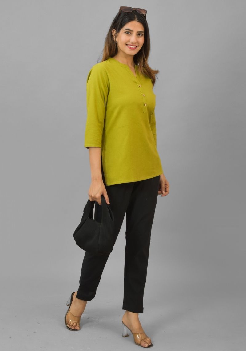 Olive Green Solid Cotton Flax Women Top-10391