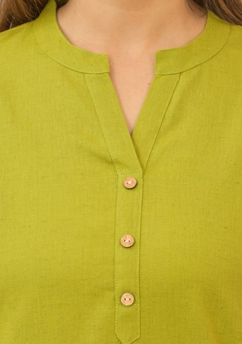 Women Mandarin Collar Roll-Up Sleeves Cotton Top