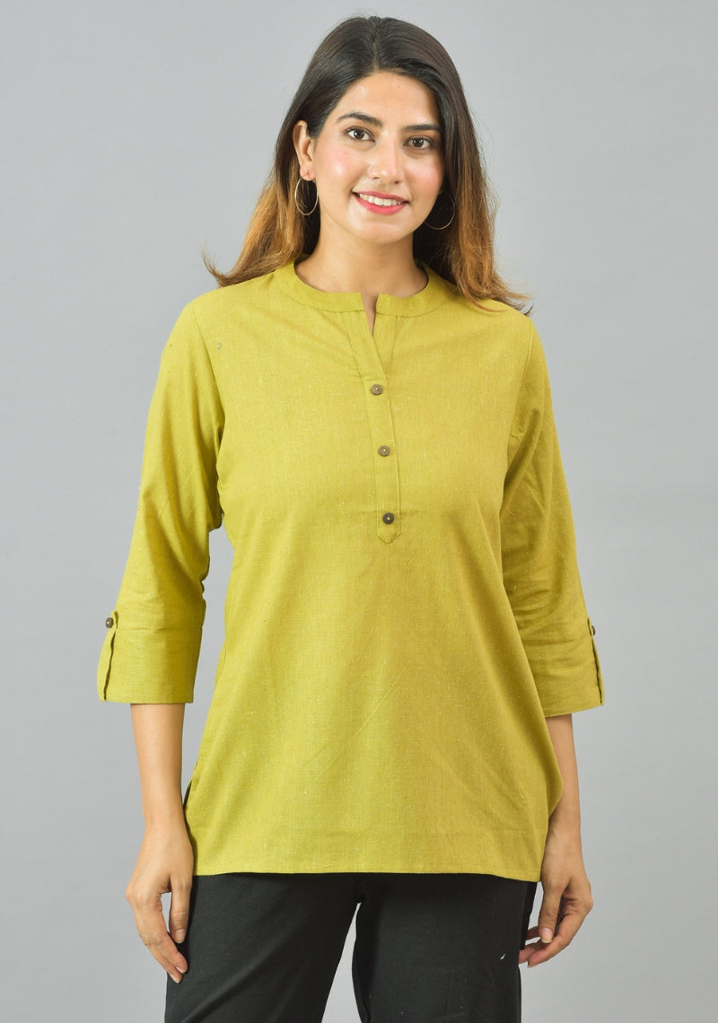 Women Mandarin Collar Roll-Up Sleeves Cotton Top